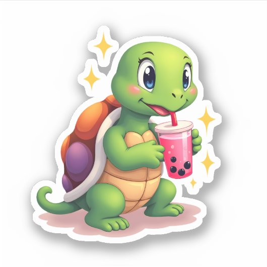 Sticker Cute turtle drinking boba. Funny Boba Turtles Love (Devant)