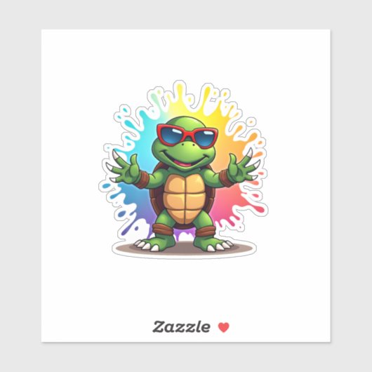 Sticker Cute Turtle Wearing Sunglasses Paint Splash Sea An (Feuille)