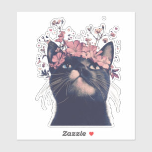 Sticker Cute Tuxedo Chat et Fleurs