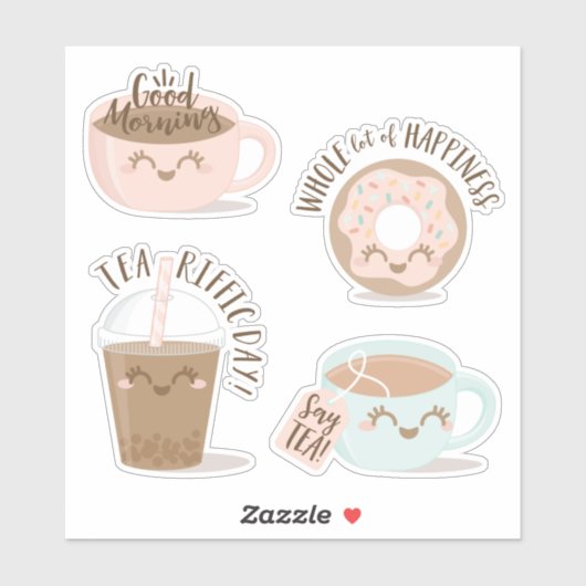 Sticker Cute Typographie Kawaii Style Thé, Café & Donut (Feuille)