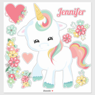 Sticker Cute Unicorn Fleurs Coeurs Fille
