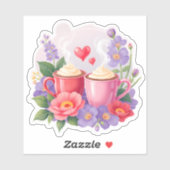 Sticker Cute Valentine Cocoa Mugs with Flowers & Hearts  (Feuille)