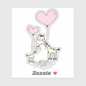 Sticker Cute Valentine Giraffes Pink Heart Balloons Design (Feuille)