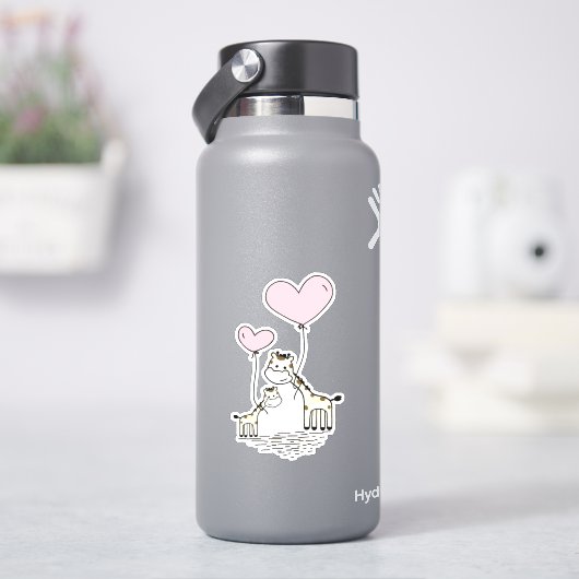 Sticker Cute Valentine Giraffes Pink Heart Balloons Design (HydroFlask)