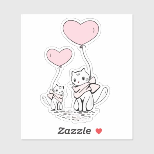 Sticker Cute Valentine's Cats Pink Heart Balloons Design (Feuille)
