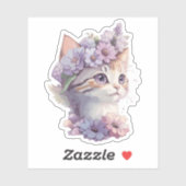 Sticker Cute Violet Aquarelle Chat avec Flore (Feuille)