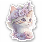 Sticker Cute Violet Aquarelle Chat avec Flore (Devant)