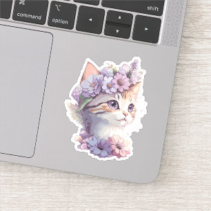 Sticker Cute Violet Aquarelle Chat avec Flore