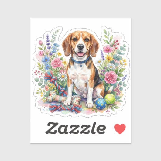 Sticker Cute Watercolor Beagle in Flowers (Feuille)