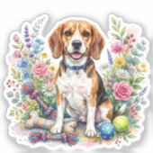Sticker Cute Watercolor Beagle in Flowers (Recto)