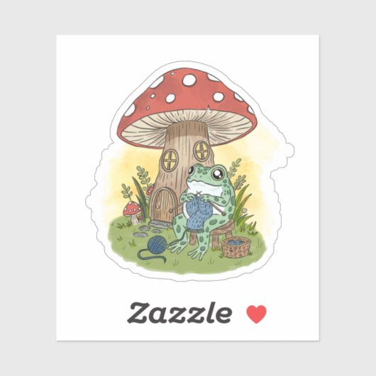 Sticker Cute Whimsical Frog Knitting Illustration (Feuille)