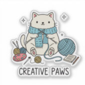 Sticker Cute White Cat Knitting Scarf Blue Yarn Graphic  (Devant)