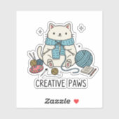 Sticker Cute White Cat Knitting Scarf Blue Yarn Graphic  (Feuille)