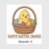 Sticker Cute Yellow Chick in Easter Basket Personalized St (Feuille)