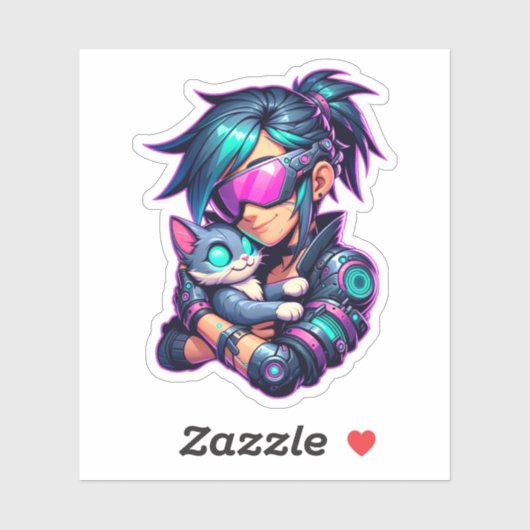 Sticker Cyberpunk Girl and Cat (Feuille)