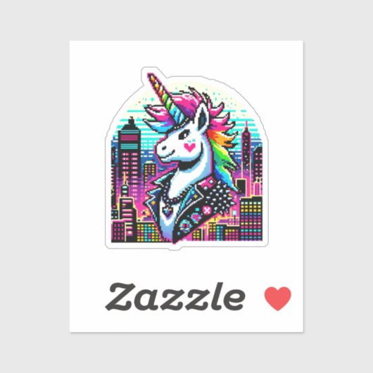 Sticker Cyberpunk Unicorn Neon Pixel Art Cityscape Design (Feuille)