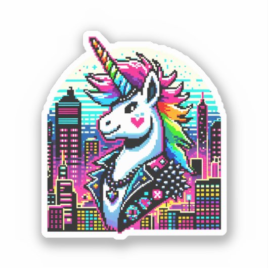 Sticker Cyberpunk Unicorn Neon Pixel Art Cityscape Design (Recto)