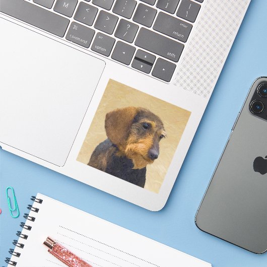 Sticker Dachshund (À poils durs) Peinture Chien Art origin (Ordinateur portable avec iPhone)