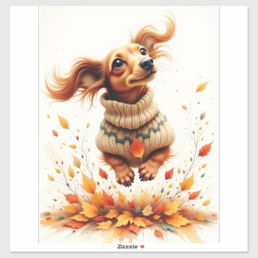 Sticker Dachshund jouant dans les feuilles d'automne (Feuille)
