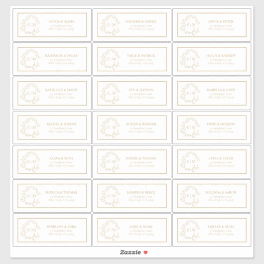 Sticker d'adresse d'invité Monogram Gold Leafy Cre (Feuille)