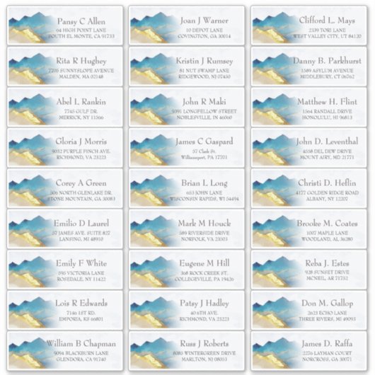 Sticker d'adresse du Mariage Blue Gold Mountains (Devant)