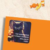Sticker d'adresse Halloween Kitten noir et Citroui