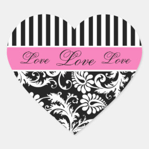 Sticker d'amour noir, blanc, PInk Damask