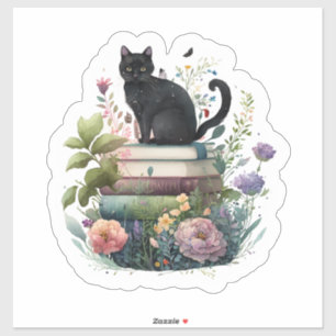 Sticker De beaux livres de fleurs et un chat