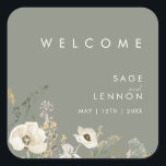 Sticker de bienvenue pour Mariage de Fleur sauvage<br><div class="desc">Cet autocollant de bienvenue Whimsical Fleur sauvage Sage mariage est parfait pour votre mariage boho simple et élégant. La verdure rustique et moderne, accompagnée de fleurs sauvages d'aquarelles minimalistes, vous fera vivre votre vision ! Ce design de jolies fleurs d'or, touches de sauge bohème vert et violet est sûr de...</div>