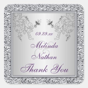 Sticker de mariage floral en argent violet