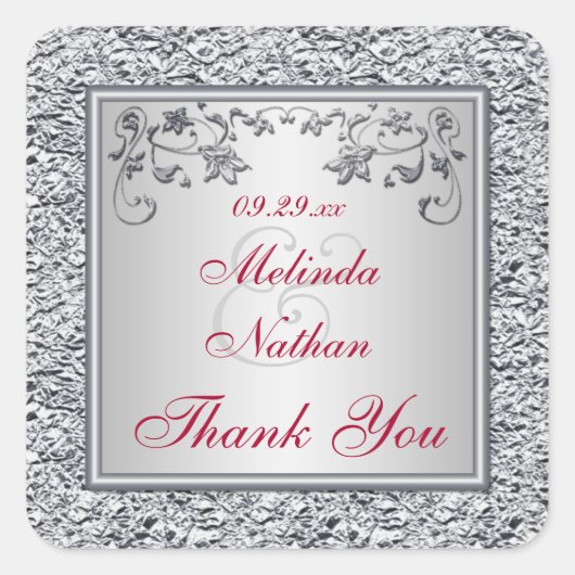 Sticker de mariage floral Rouge, Argent FAUX Foil  (Devant)