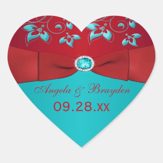 Sticker de mariage floral rouge et turquoise Favor (Devant)