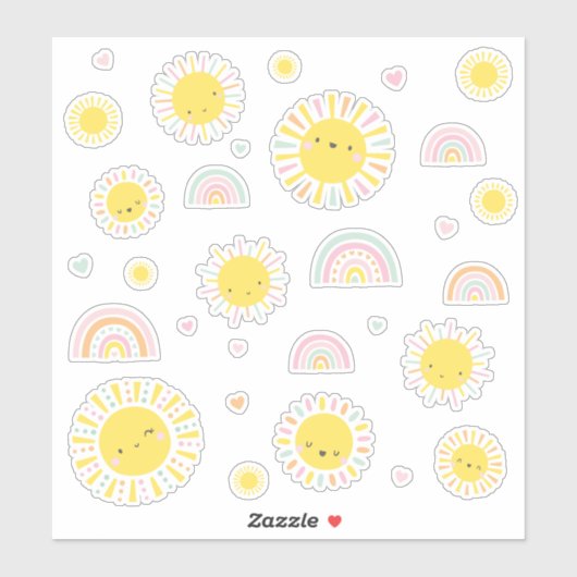 Sticker De mignons petits soleils, arcs-en-ciel et coeurs (Feuille)