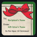 Sticker de Noël de la Bow rouge (personnalisé)<br><div class="desc">Feuille de 20 stickers carrés arrondis ornés IconDoC'est la peinture numérique originale d'un arc rouge vif contre parchemin ancien, une bordure à feuillage persistant profonde et l'avertissement "N'ouvrez pas avant Noël!" Personnalisez les 2 champs de texte personnalisés pour les noms des destinataires et des donneurs ou effacez les champs à...</div>