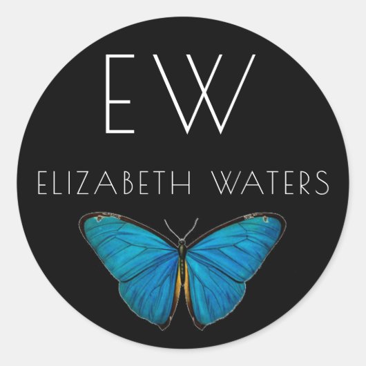 STICKER DE NOM PERSONNALISÉ BLEUE BOUTTERFLY ROND (Devant)