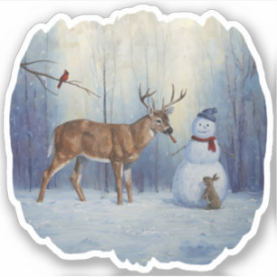 Sticker Deer et Happy Snowman hiver de vacances scène