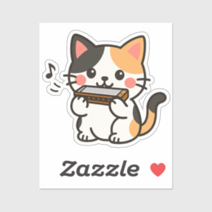 Sticker Dessin animé de chat calicot à l'harmonica