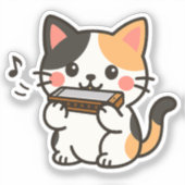 Sticker Dessin animé de chat calicot à l'harmonica (Recto)
