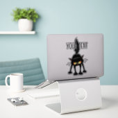 Sticker Dessin animé de chat noir drôle et féroce (Ordinateur portable sur le bureau)