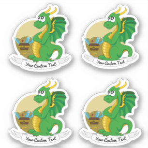 Sticker Dessin animé de dragon vert avec trésor et texte