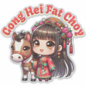 Sticker Dessin chinois Nouvel An Cheval et fille (Devant)