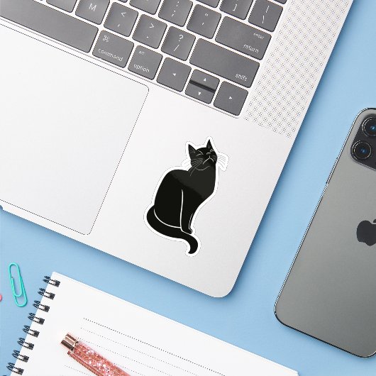 Sticker dessin de chat noir (Ordinateur portable avec iPhone)