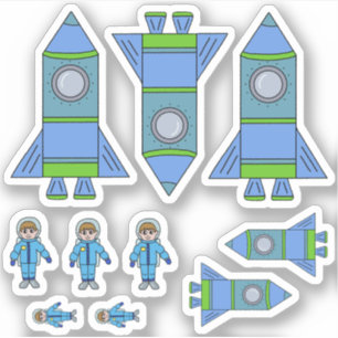 Sticker Dessin Enfant Fusée Mignon Astronaute Bleu Vert