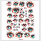 Sticker dessins animés yeux poupée couleurs illustrations (Feuille)