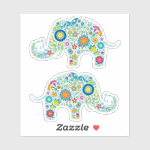 Sticker Deux Joli Eléphant Floral Retro Coloré