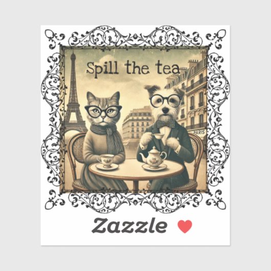 Sticker Déverser le thé Chat & Chien Vintage (Feuille)