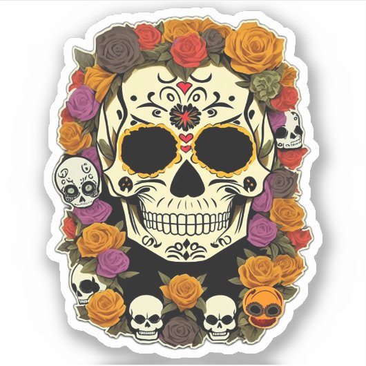Sticker Día de Muertos Crâne Design à fleurs (Devant)