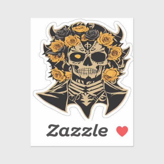 Sticker Día de Muertos Crâne Orange et Fleurs Noires Des (Feuille)