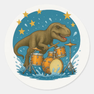 Sticker: Dinosaurus speelt drums met sterren Ronde Sticker
