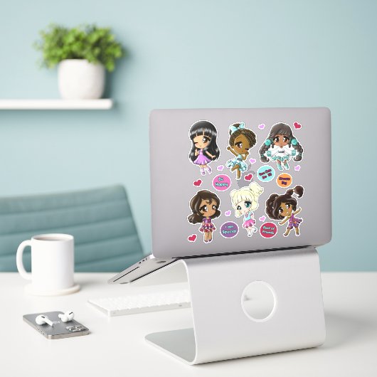 Sticker Diverses filles Anime amis (Ordinateur portable sur le bureau)